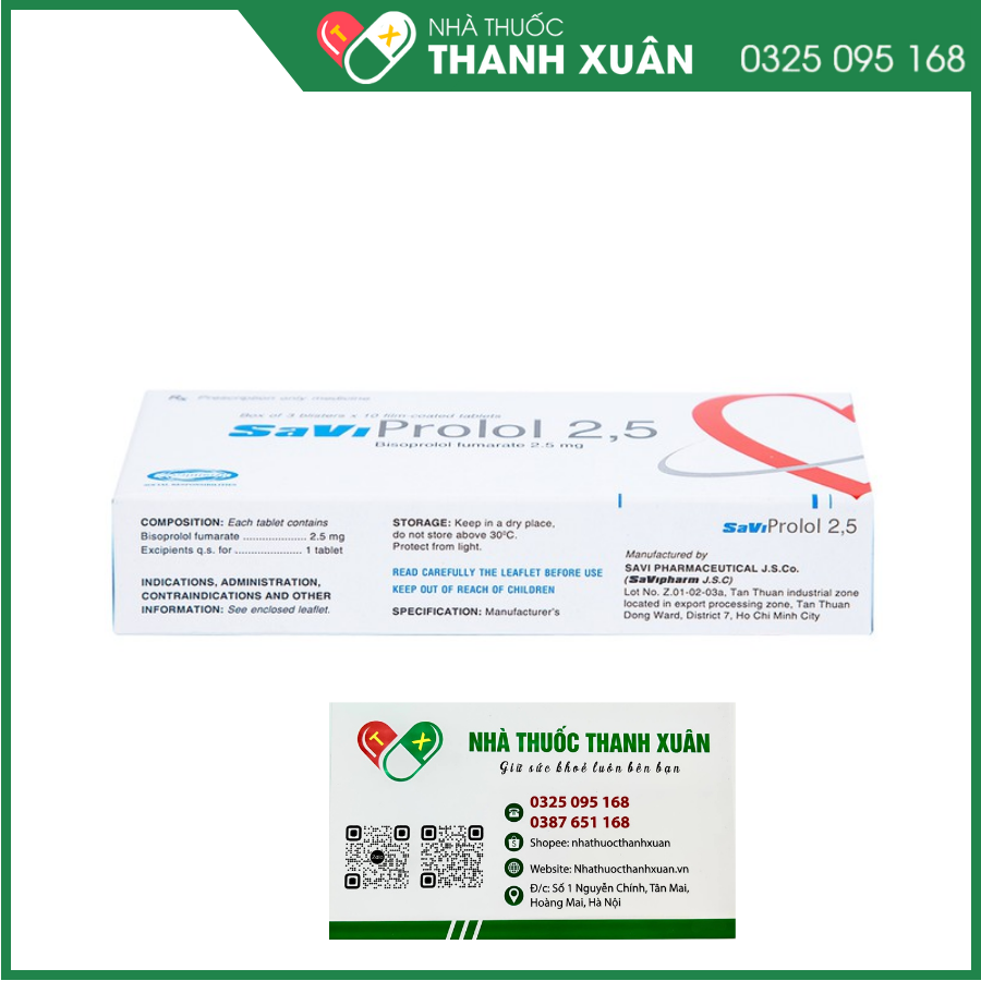 Savi Prolol 2,5 điều trị tăng huyết áp, đau thắt ngực